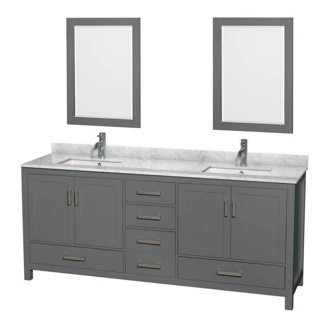 Wyndham Collection Sheffield 80 Inch Double Bath Vanity In Dark Gray with White Carrara Marble Countertop with Undermount Square Sinks with 24 Inch Mirrors - WCS141480DKGCMUNSM24