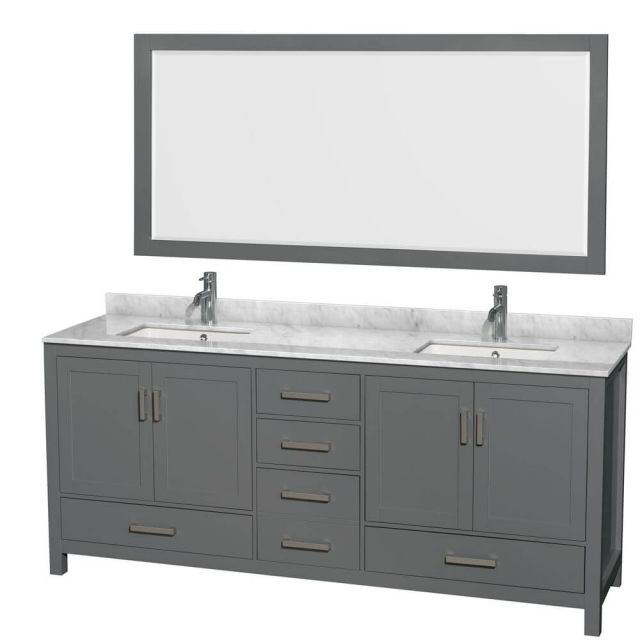 Wyndham Collection Sheffield 80 Inch Double Bath Vanity In Dark Gray with White Carrara Marble Countertop with Undermount Square Sinks with 70 Inch Mirror - WCS141480DKGCMUNSM70