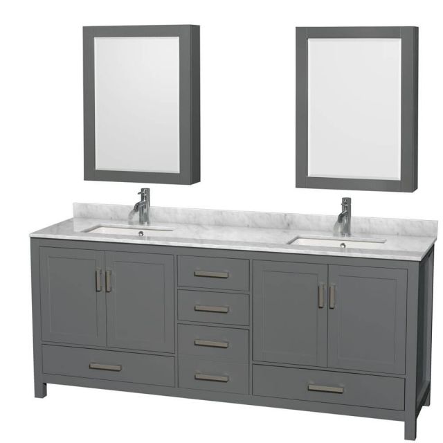 Wyndham Collection Sheffield 80 Inch Double Bath Vanity In Dark Gray with White Carrara Marble Countertop with Undermount Square Sinks with Medicine Cabinets - WCS141480DKGCMUNSMED