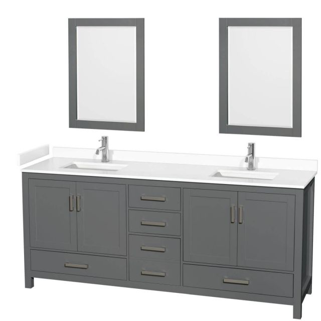 Wyndham Collection Sheffield 80 inch Double Bathroom Vanity in Dark Gray with White Cultured Marble Countertop, Undermount Square Sinks and 24 inch Mirrors - WCS141480DKGWCUNSM24