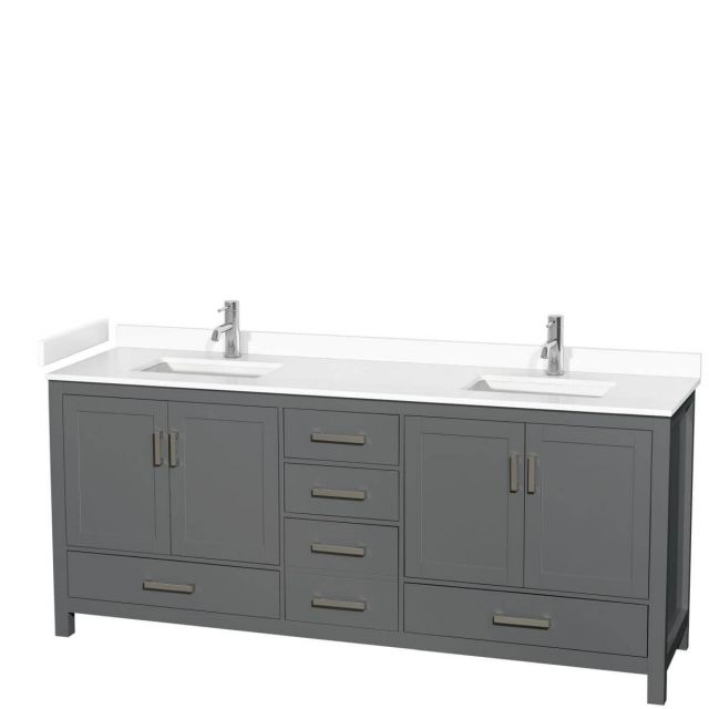 Wyndham Collection Sheffield 80 inch Double Bathroom Vanity in Dark Gray with White Cultured Marble Countertop, Undermount Square Sinks and No Mirror - WCS141480DKGWCUNSMXX
