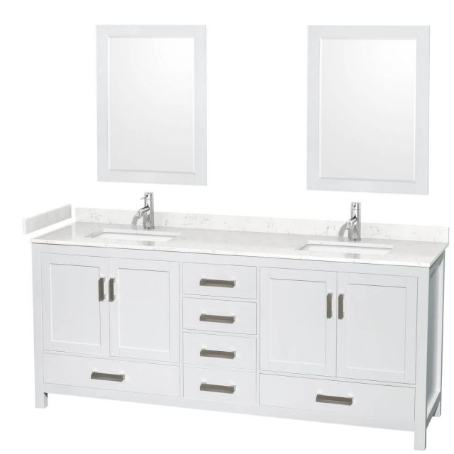 Wyndham Collection Sheffield 80 inch Double Bathroom Vanity in White with Carrara Cultured Marble Countertop, Undermount Square Sinks and 24 inch Mirrors - WCS141480DWHC2UNSM24
