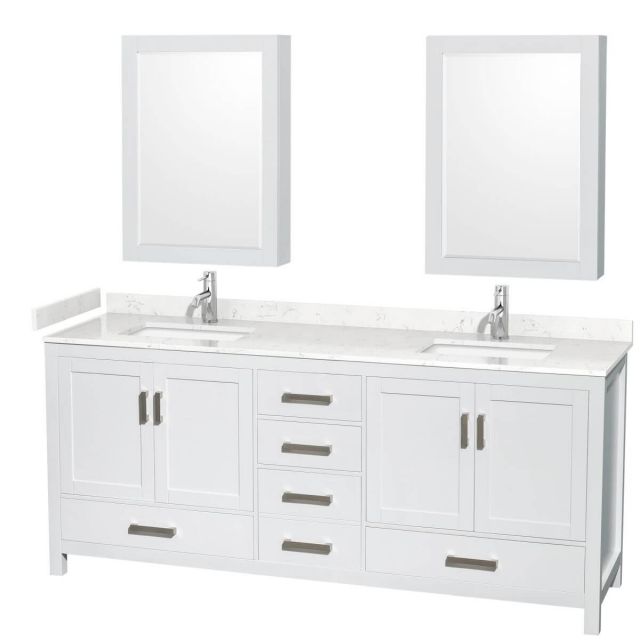 Wyndham Collection Sheffield 80 inch Double Bathroom Vanity in White with Carrara Cultured Marble Countertop, Undermount Square Sinks and Medicine Cabinets - WCS141480DWHC2UNSMED