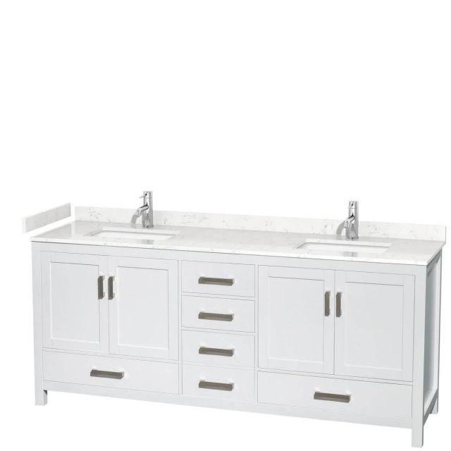 Wyndham Collection Sheffield 80 inch Double Bathroom Vanity in White with Carrara Cultured Marble Countertop, Undermount Square Sinks and No Mirror - WCS141480DWHC2UNSMXX
