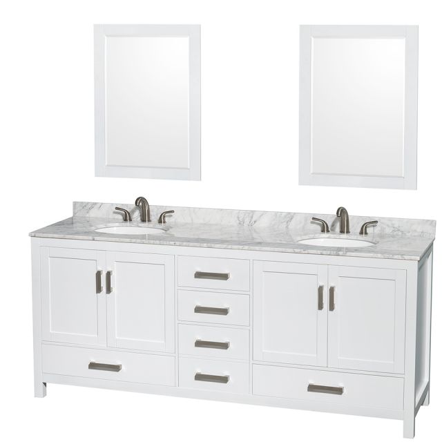 Wyndham Collection Sheffield 80 Inch Double Bath Vanity In White, White Carrara Marble Countertop, Undermount Oval Sinks, and 24 Inch Mirrors - WCS141480DWHCMUNOM24