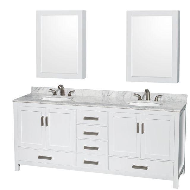 Wyndham Collection Sheffield 80 Inch Double Bath Vanity In White, White Carrara Marble Countertop, Undermount Oval Sinks, and Medicine Cabinets - WCS141480DWHCMUNOMED