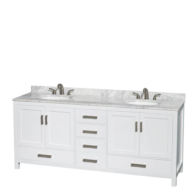 Wyndham Collection Sheffield 80 Inch Double Bath Vanity In White, White Carrara Marble Countertop, Undermount Oval Sinks, and No Mirror - WCS141480DWHCMUNOMXX