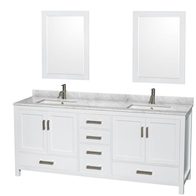 Wyndham Collection Sheffield 80 Inch Double Bath Vanity In White, White Carrara Marble Countertop, Undermount Square Sinks, and 24 Inch Mirrors - WCS141480DWHCMUNSM24