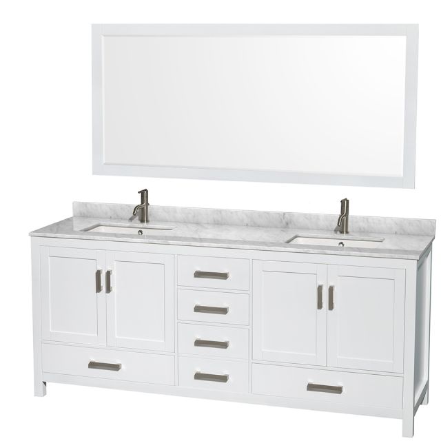 Wyndham Collection Sheffield 80 Inch Double Bath Vanity In White, White Carrara Marble Countertop, Undermount Square Sinks, and 70 Inch Mirror - WCS141480DWHCMUNSM70