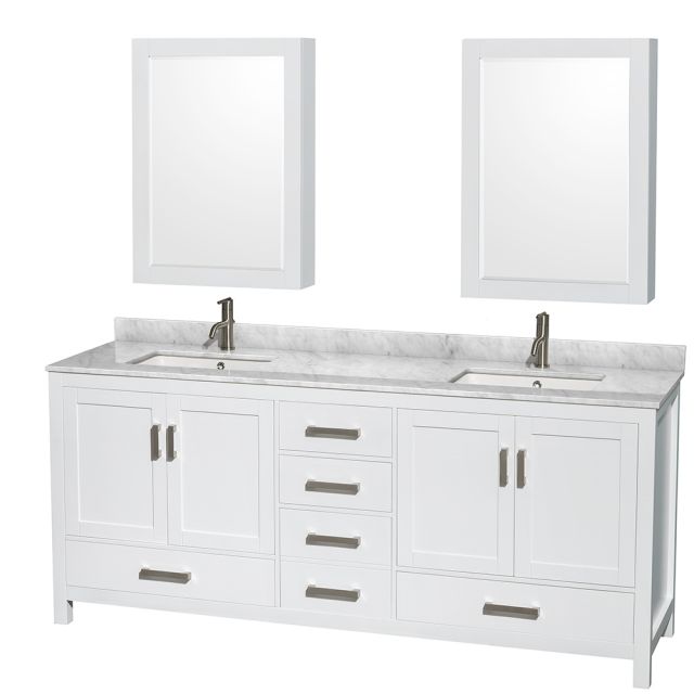 Wyndham Collection Sheffield 80 Inch Double Bath Vanity In White, White Carrara Marble Countertop, Undermount Square Sinks, and Medicine Cabinets - WCS141480DWHCMUNSMED