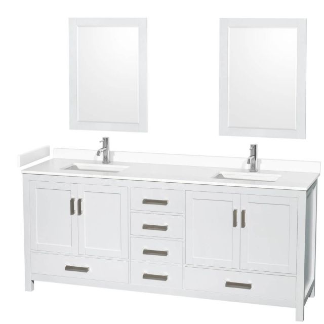 Wyndham Collection Sheffield 80 inch Double Bathroom Vanity in White with White Cultured Marble Countertop, Undermount Square Sinks and 24 inch Mirrors - WCS141480DWHWCUNSM24