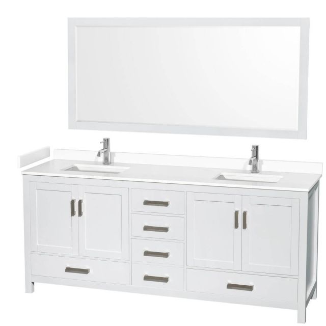 Wyndham Collection Sheffield 80 inch Double Bathroom Vanity in White with White Cultured Marble Countertop, Undermount Square Sinks and 70 inch Mirror - WCS141480DWHWCUNSM70