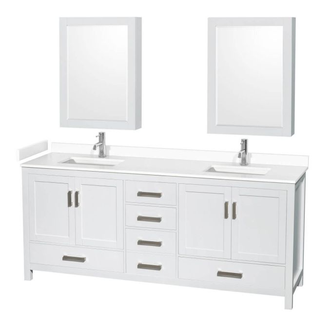 Wyndham Collection Sheffield 80 inch Double Bathroom Vanity in White with White Cultured Marble Countertop, Undermount Square Sinks and Medicine Cabinets - WCS141480DWHWCUNSMED