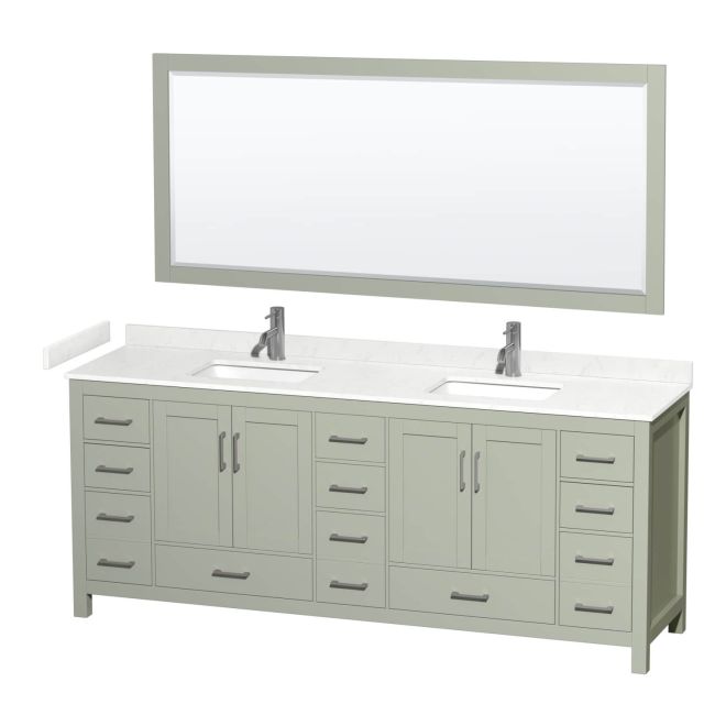 Wyndham Collection Sheffield 84 Inch Double Bathroom Vanity in Light Green with Carrara Cultured Marble Countertop, Undermount Square Sinks and Brushed Nickel Trim WCS141484DLGC2UNSM70