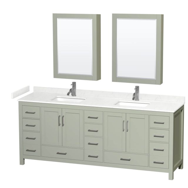Wyndham Collection Sheffield 84 Inch Double Bathroom Vanity in Light Green with Carrara Cultured Marble Countertop, Undermount Square Sinks and Brushed Nickel Trim WCS141484DLGC2UNSMED