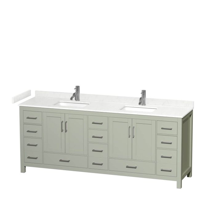 Wyndham Collection Sheffield 84 Inch Double Bathroom Vanity in Light Green with Carrara Cultured Marble Countertop, Undermount Square Sinks and Brushed Nickel Trim WCS141484DLGC2UNSMXX