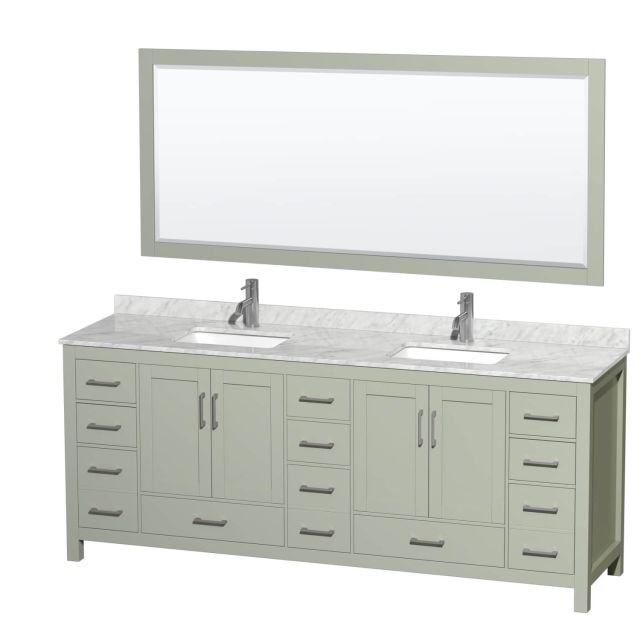 Wyndham Collection Sheffield 84 Inch Double Bathroom Vanity in Light Green with White Carrara Marble Countertop, Undermount Square Sinks and Brushed Nickel Trim WCS141484DLGCMUNSM70