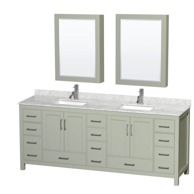 Wyndham Collection Sheffield 84 Inch Double Bathroom Vanity in Light Green with White Carrara Marble Countertop, Undermount Square Sinks and Brushed Nickel Trim WCS141484DLGCMUNSMED