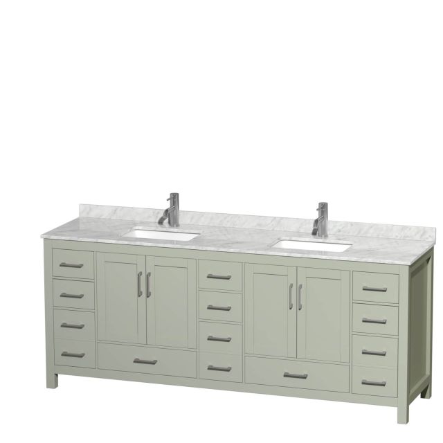 Wyndham Collection Sheffield 84 Inch Double Bathroom Vanity in Light Green with White Carrara Marble Countertop, Undermount Square Sinks and Brushed Nickel Trim WCS141484DLGCMUNSMXX