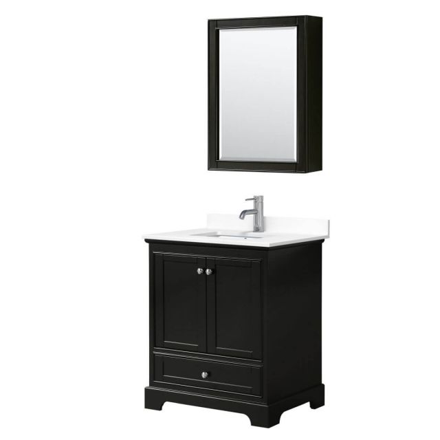 Wyndham Collection Deborah 30 inch Single Bathroom Vanity in Dark Espresso with White Cultured Marble Countertop, Undermount Square Sink and Medicine Cabinet - WCS202030SDEWCUNSMED