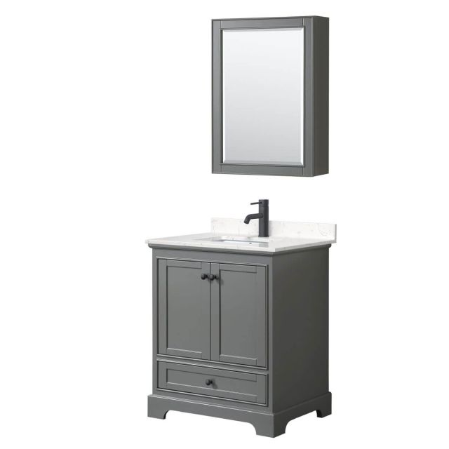 Wyndham Collection Deborah 30 inch Single Bathroom Vanity in Dark Gray with Carrara Cultured Marble Countertop, Undermount Square Sink, Matte Black Trim and Medicine Cabinet WCS202030SGBC2UNSMED