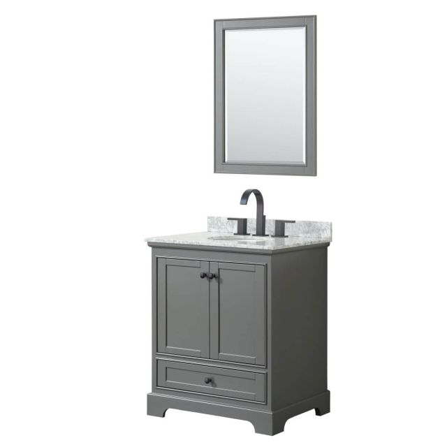 Wyndham Collection Deborah 30 inch Single Bathroom Vanity in Dark Gray with White Carrara Marble Countertop, Undermount Oval Sink, Matte Black Trim and 24 Inch Mirror WCS202030SGBCMUNOM24