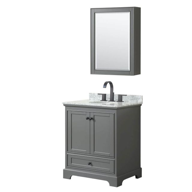 Wyndham Collection Deborah 30 inch Single Bathroom Vanity in Dark Gray with White Carrara Marble Countertop, Undermount Oval Sink, Matte Black Trim and Medicine Cabinet WCS202030SGBCMUNOMED
