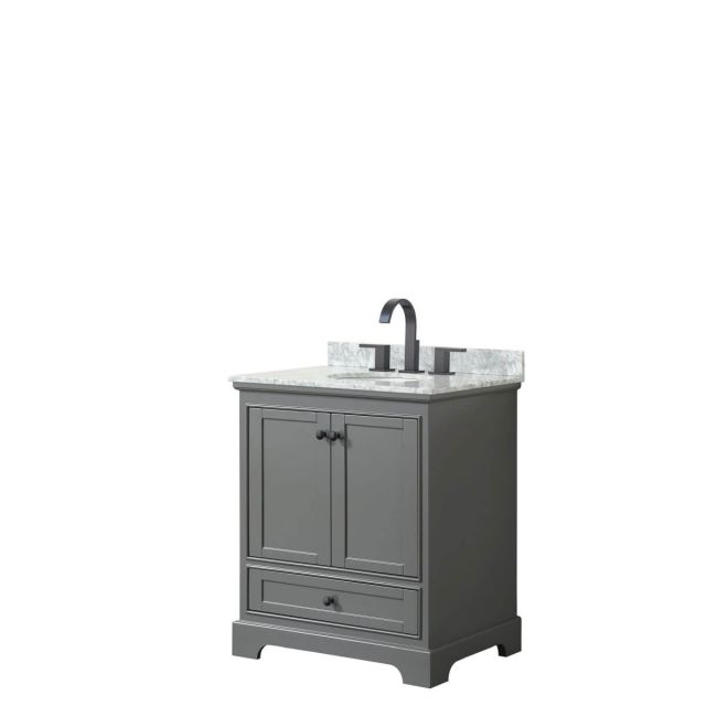 Wyndham Collection Deborah 30 inch Single Bathroom Vanity in Dark Gray with White Carrara Marble Countertop, Undermount Oval Sink and Matte Black Trim WCS202030SGBCMUNOMXX