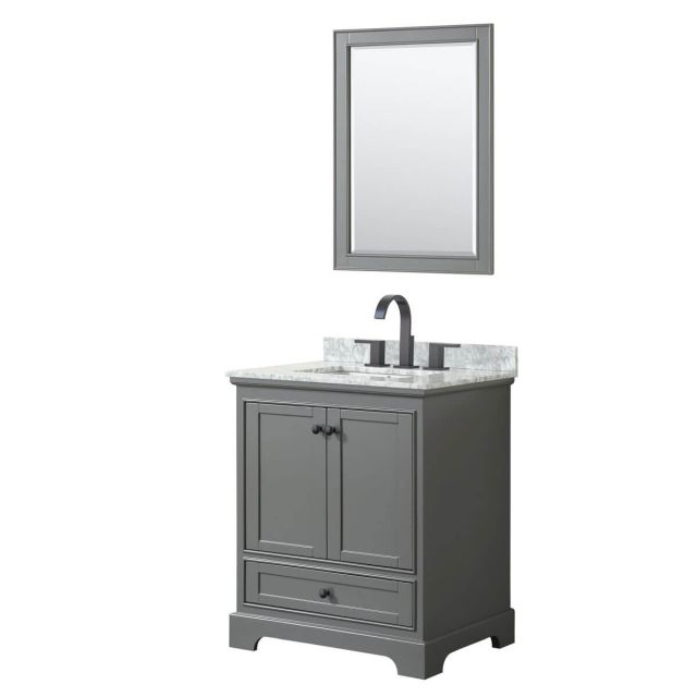 Wyndham Collection Deborah 30 inch Single Bathroom Vanity in Dark Gray with White Carrara Marble Countertop, Undermount Square Sink, Matte Black Trim and 24 Inch Mirror WCS202030SGBCMUNSM24