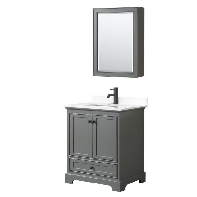 Wyndham Collection Deborah 30 inch Single Bathroom Vanity in Dark Gray with White Cultured Marble Countertop, Undermount Square Sink, Matte Black Trim and Medicine Cabinet WCS202030SGBWCUNSMED