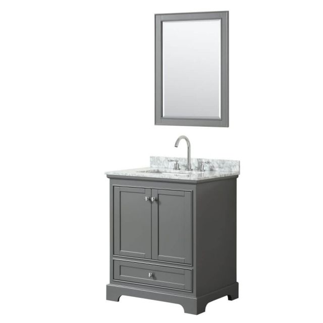 Wyndham Collection Deborah 30 inch Single Bath Vanity in Dark Gray with White Carrara Marble Countertop, Undermount Square Sink and 24 inch Mirror - WCS202030SKGCMUNSM24