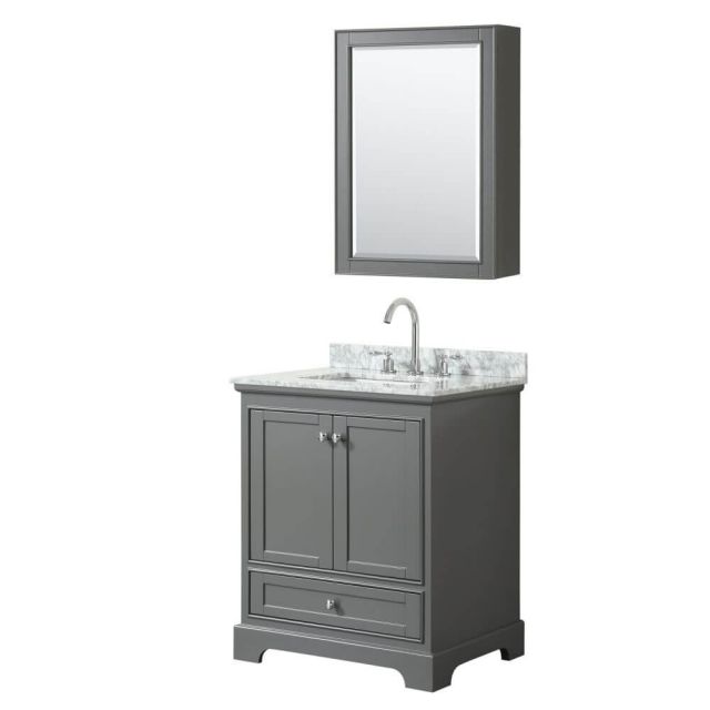 Wyndham Collection Deborah 30 inch Single Bath Vanity in Dark Gray with White Carrara Marble Countertop, Undermount Square Sink and Medicine Cabinet - WCS202030SKGCMUNSMED