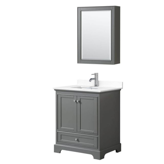 Wyndham Collection Deborah 30 inch Single Bathroom Vanity in Dark Gray with White Cultured Marble Countertop, Undermount Square Sink and Medicine Cabinet - WCS202030SKGWCUNSMED