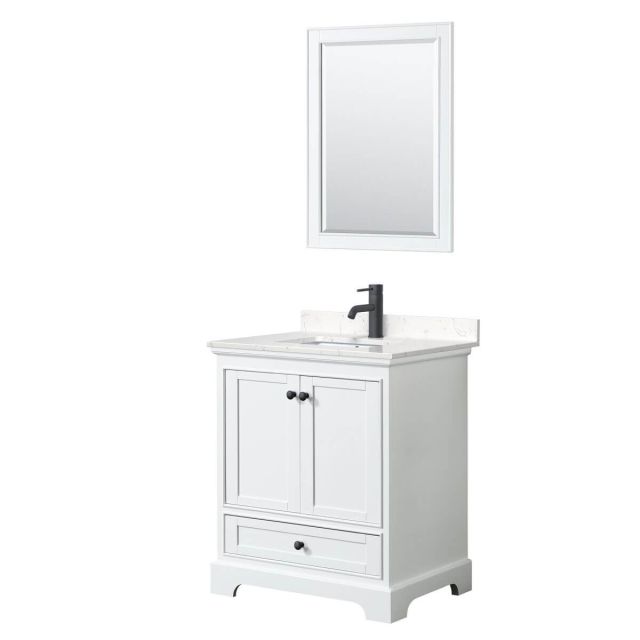 Wyndham Collection Deborah 30 inch Single Bathroom Vanity in White with Carrara Cultured Marble Countertop, Undermount Square Sink, Matte Black Trim and 24 Inch Mirror WCS202030SWBC2UNSM24