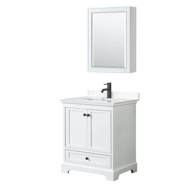 Wyndham Collection Deborah 30 inch Single Bathroom Vanity in White with Carrara Cultured Marble Countertop, Undermount Square Sink, Matte Black Trim and Medicine Cabinet WCS202030SWBC2UNSMED