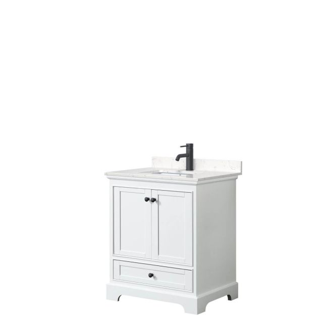 Wyndham Collection Deborah 30 inch Single Bathroom Vanity in White with Carrara Cultured Marble Countertop, Undermount Square Sink and Matte Black Trim WCS202030SWBC2UNSMXX