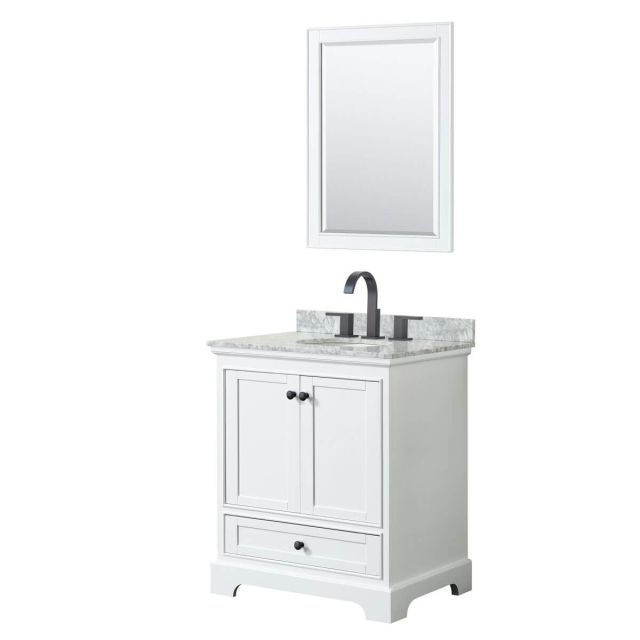 Wyndham Collection Deborah 30 inch Single Bathroom Vanity in White with White Carrara Marble Countertop, Undermount Oval Sink, Matte Black Trim and 24 Inch Mirror WCS202030SWBCMUNOM24