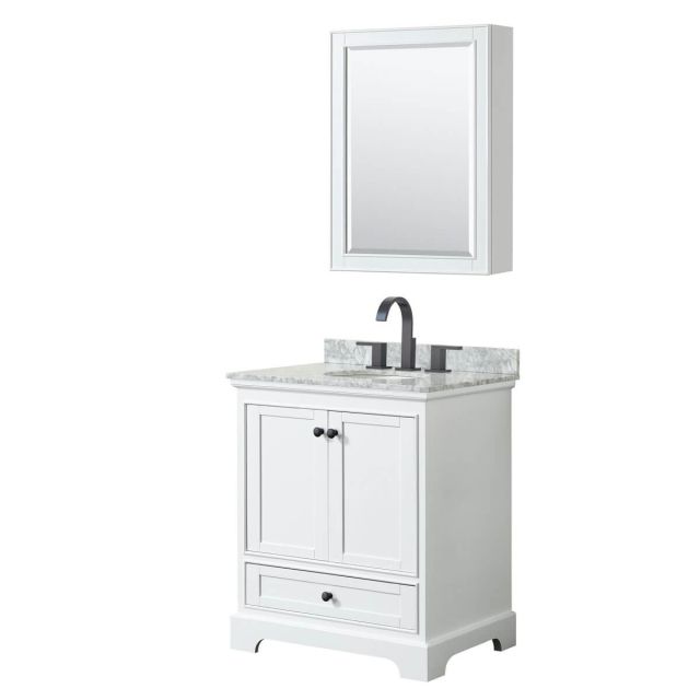 Wyndham Collection Deborah 30 inch Single Bathroom Vanity in White with White Carrara Marble Countertop, Undermount Oval Sink, Matte Black Trim and Medicine Cabinet WCS202030SWBCMUNOMED