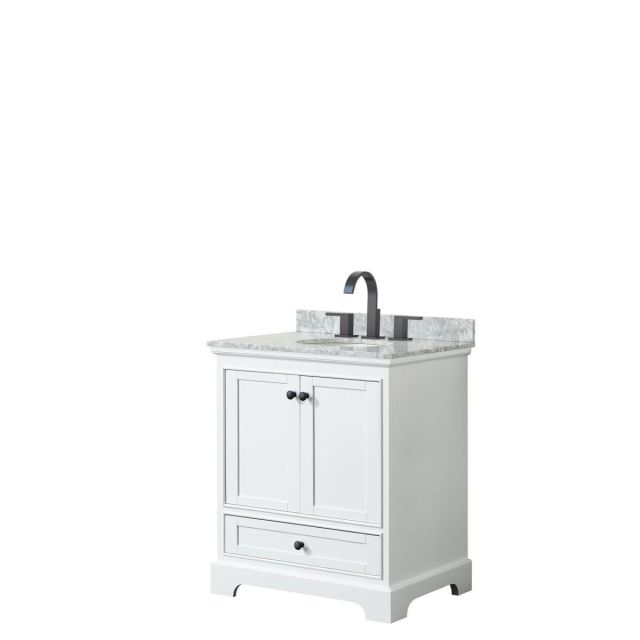 Wyndham Collection Deborah 30 inch Single Bathroom Vanity in White with White Carrara Marble Countertop, Undermount Oval Sink and Matte Black Trim WCS202030SWBCMUNOMXX