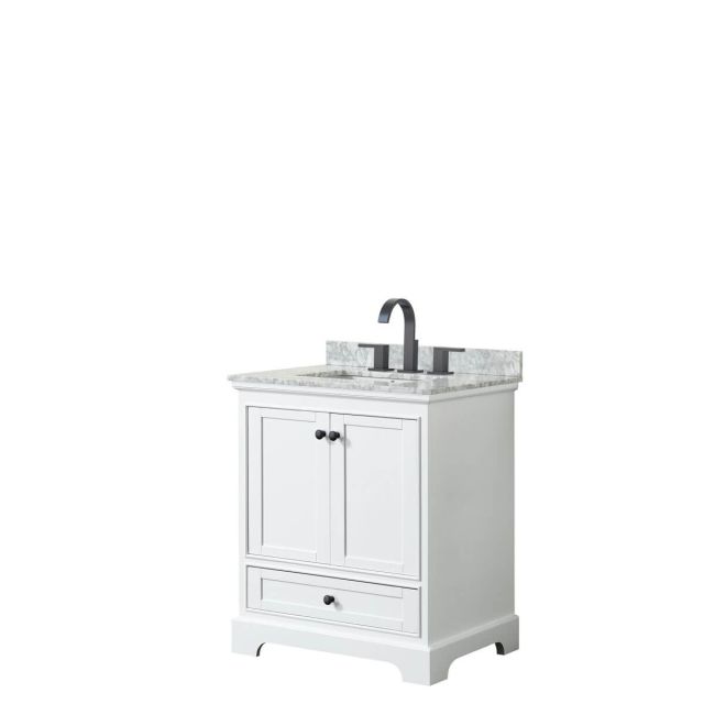 Wyndham Collection Deborah 30 inch Single Bathroom Vanity in White with White Carrara Marble Countertop, Undermount Square Sink and Matte Black Trim WCS202030SWBCMUNSMXX