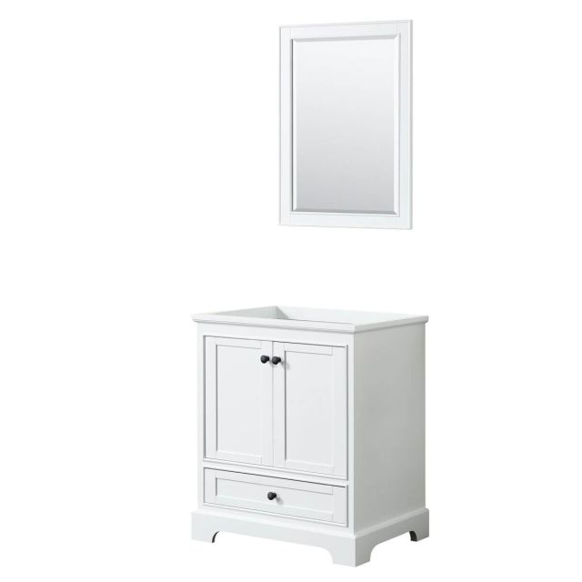 Wyndham Collection Deborah 30 inch Single Bathroom Vanity in White with 24 Inch Mirror, Matte Black Trim, No Countertop and No Sink WCS202030SWBCXSXXM24