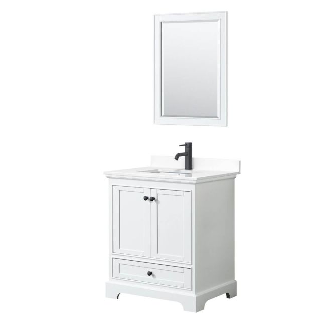 Wyndham Collection Deborah 30 inch Single Bathroom Vanity in White with White Cultured Marble Countertop, Undermount Square Sink, Matte Black Trim and 24 Inch Mirror WCS202030SWBWCUNSM24