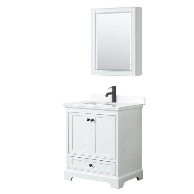 Wyndham Collection Deborah 30 inch Single Bathroom Vanity in White with White Cultured Marble Countertop, Undermount Square Sink, Matte Black Trim and Medicine Cabinet WCS202030SWBWCUNSMED
