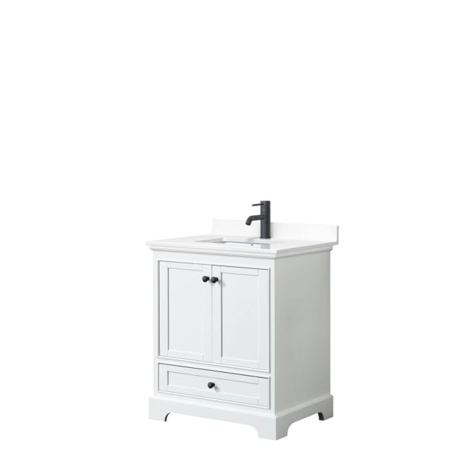 Wyndham Collection Deborah 30 inch Single Bathroom Vanity in White with White Cultured Marble Countertop, Undermount Square Sink and Matte Black Trim WCS202030SWBWCUNSMXX