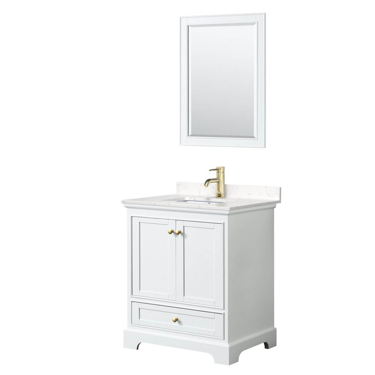 Wyndham Collection Deborah 30 inch Single Bathroom Vanity in White with Carrara Cultured Marble Countertop, Undermount Square Sink, Brushed Gold Trim and 24 inch Mirror - WCS202030SWGC2UNSM24