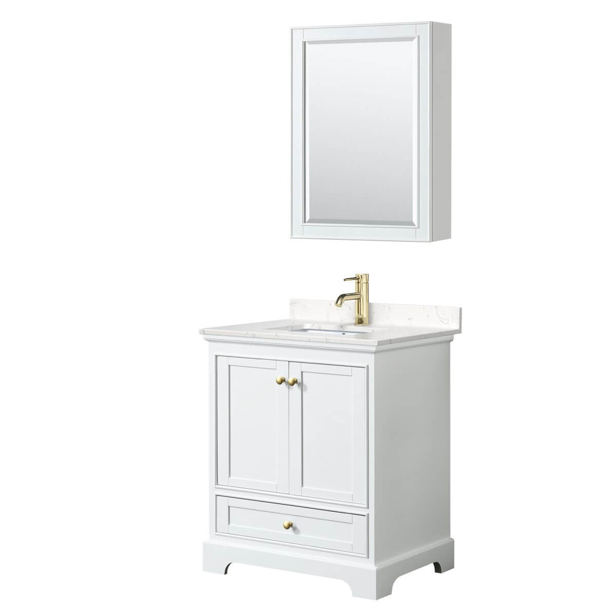 Wyndham Collection Deborah 30 inch Single Bathroom Vanity in White with Carrara Cultured Marble Countertop, Undermount Square Sink, Brushed Gold Trim and Medicine Cabinet - WCS202030SWGC2UNSMED