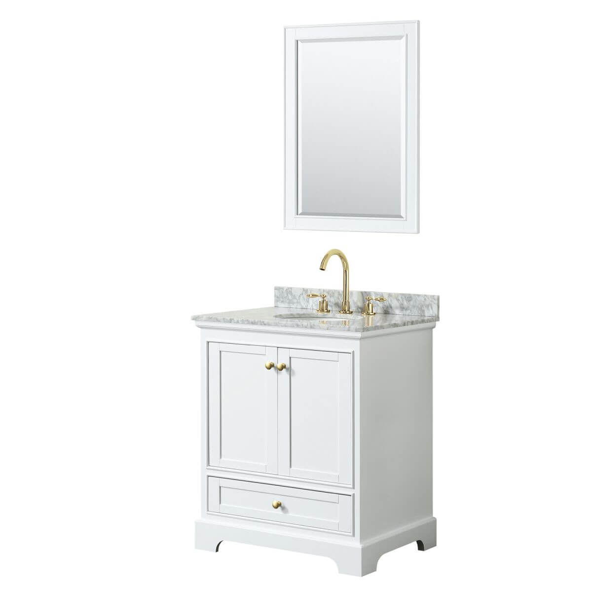 Wyndham Collection Deborah 30 inch Single Bathroom Vanity in White with White Carrara Marble Countertop, Undermount Oval Sink, Brushed Gold Trim and 24 inch Mirror - WCS202030SWGCMUNOM24