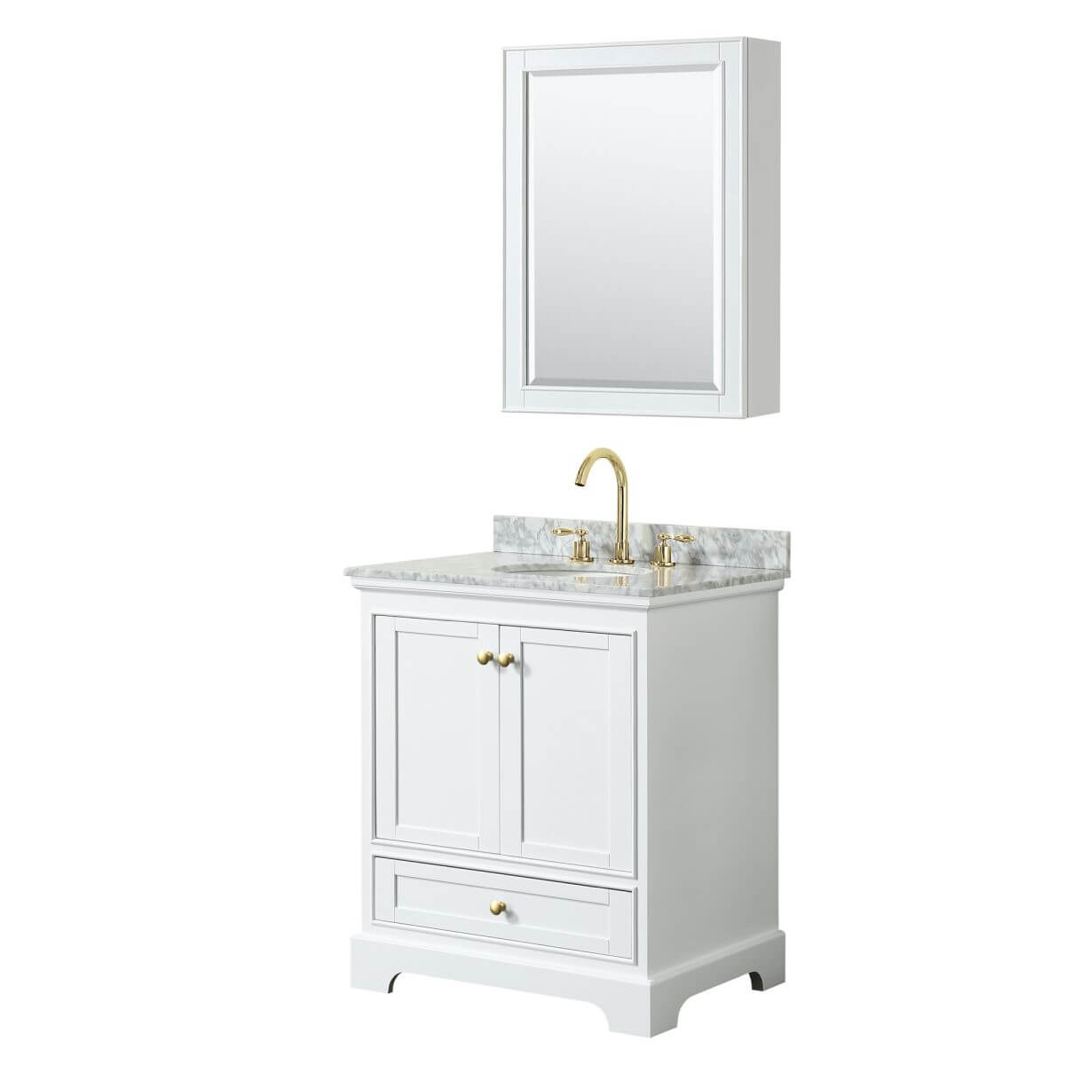 Wyndham Collection Deborah 30 inch Single Bathroom Vanity in White with White Carrara Marble Countertop, Undermount Oval Sink, Brushed Gold Trim and Medicine Cabinet - WCS202030SWGCMUNOMED