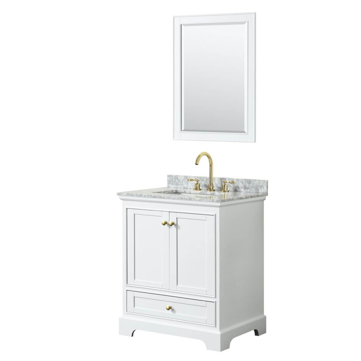 Wyndham Collection Deborah 30 inch Single Bathroom Vanity in White with White Carrara Marble Countertop, Undermount Square Sink, Brushed Gold Trim and 24 inch Mirror - WCS202030SWGCMUNSM24