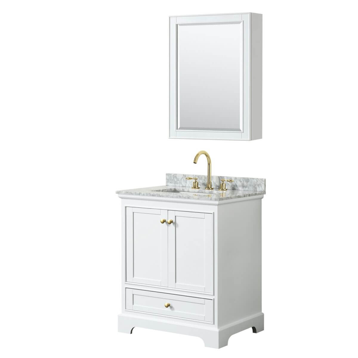 Wyndham Collection Deborah 30 inch Single Bathroom Vanity in White with White Carrara Marble Countertop, Undermount Square Sink, Brushed Gold Trim and Medicine Cabinet - WCS202030SWGCMUNSMED